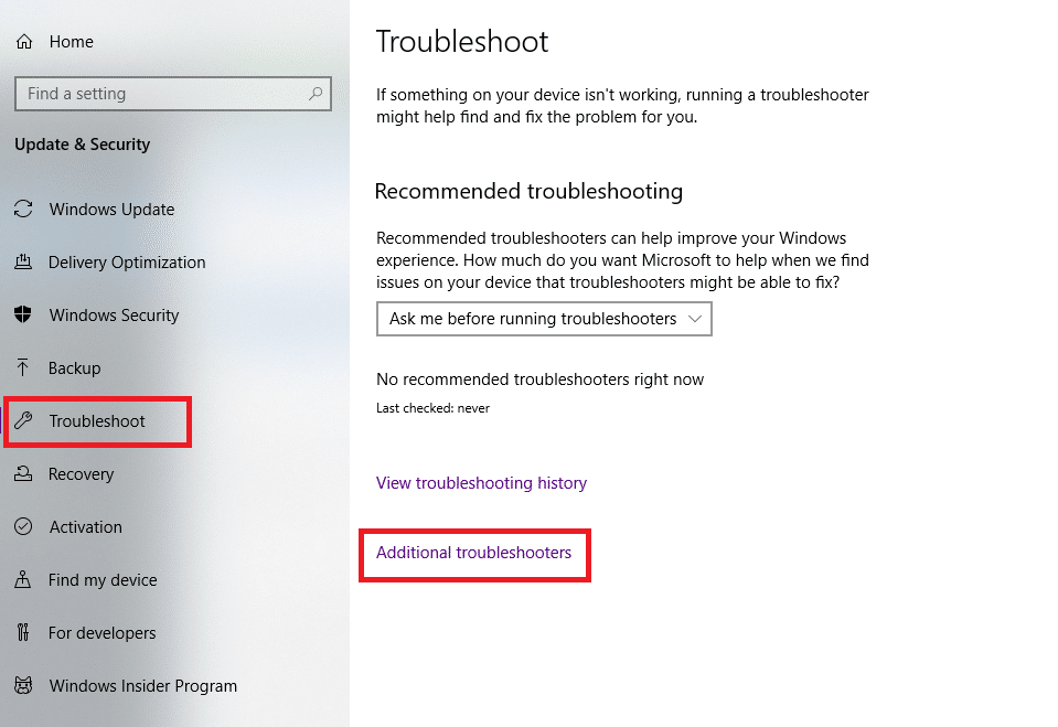 Klicken Sie im linken Bereich auf Fehlerbehebung