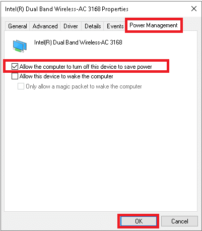 Navigieren Sie zur Registerkarte Energieverwaltung und deaktivieren Sie das Kontrollkästchen neben der Option Dem Computer erlauben, dieses Gerät auszuschalten, um Energie zu sparen. OK klicken