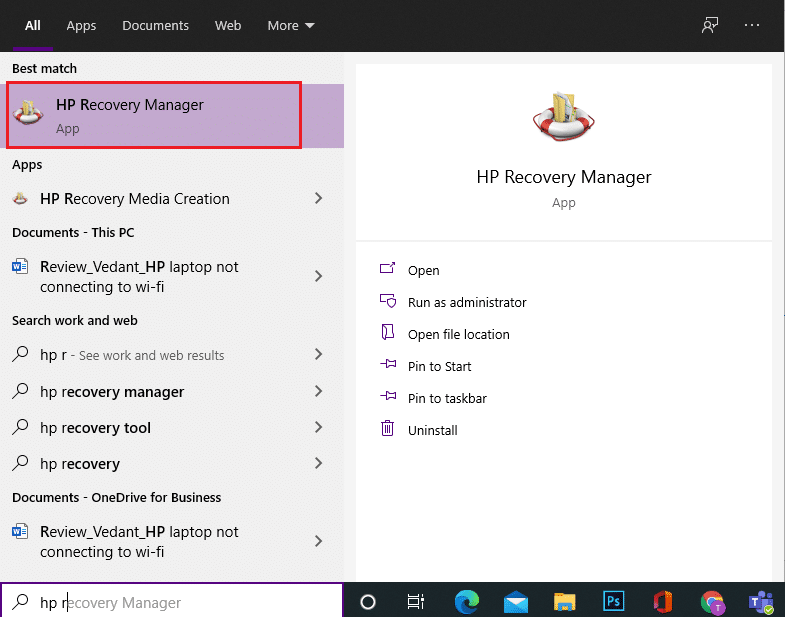 Gehen Sie zum Startmenü und suchen Sie nach HP Recovery Manager. Beheben Sie, dass HP Laptop unter Windows 10 keine Verbindung zu Wi-Fi herstellt