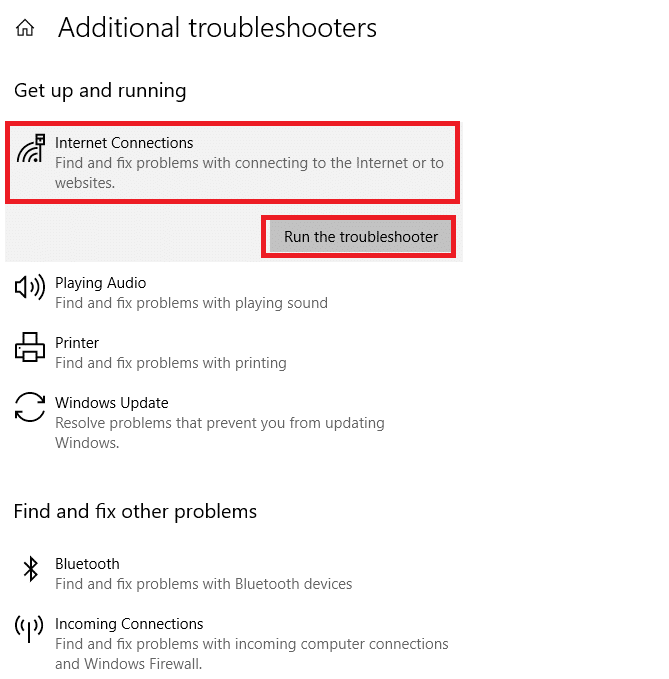 wählen Sie Internetverbindungen und führen Sie die Problembehandlung aus | Beheben Sie, dass HP-Laptop keine Verbindung zu Wi-Fi herstellt
