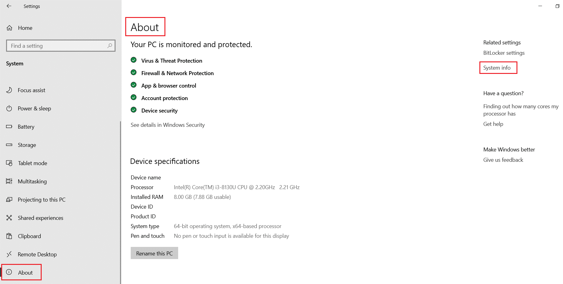 Klicken Sie im Abschnitt „Info“ auf „Systeminfo“.