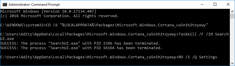Cortanaに設定の再構築を強制する