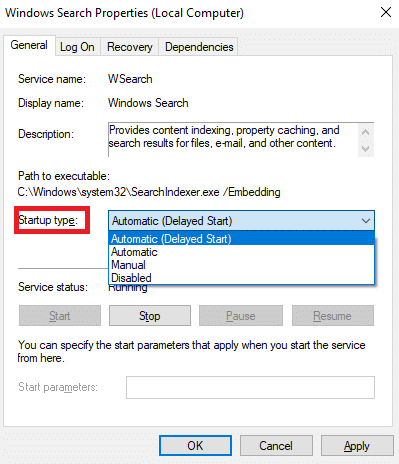 Stellen Sie nun den Starttyp auf Automatisch ein, wie unten gezeigt. Wenn der Dienststatus nicht ausgeführt wird, klicken Sie auf die Schaltfläche Start.