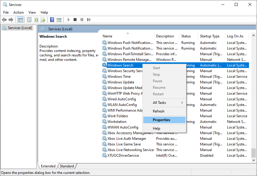 Klicken Sie nun auf Eigenschaften. Beheben Sie, dass die Suche im Startmenü von Windows 10 nicht funktioniert