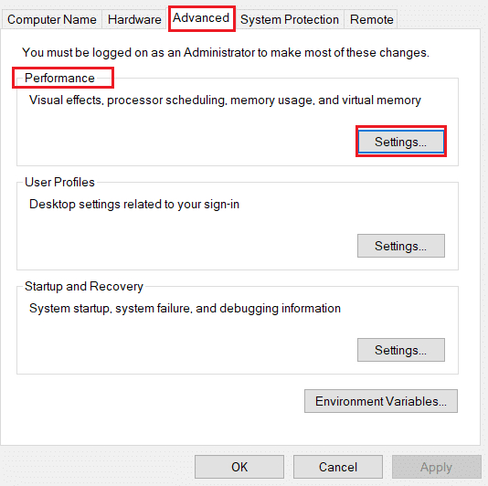 Gehen Sie zur Registerkarte Erweitert und klicken Sie im Abschnitt Leistung auf die Schaltfläche Einstellungen