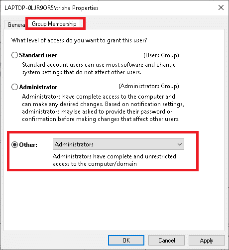 Wechseln Sie hier zur Registerkarte Gruppenmitgliedschaft und klicken Sie im Dropdown-Menü auf Andere und dann auf Administrator. Beheben Sie das Flackern der Windows 10-Taskleiste