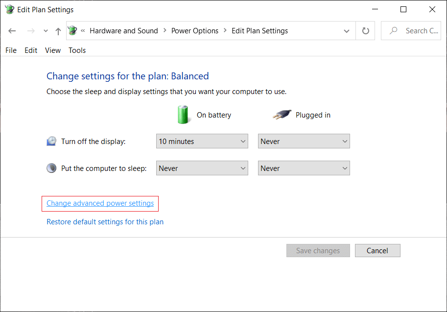 单击底部的更改高级电源设置 |修复 Windows 10 中无法调整屏幕亮度的问题