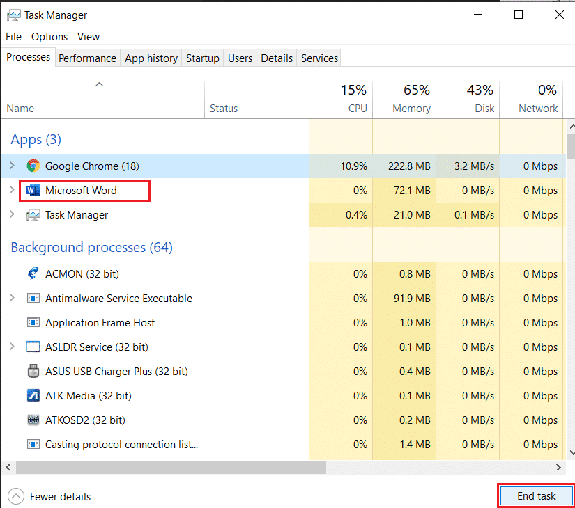 タスクの終了MicrosoftWord