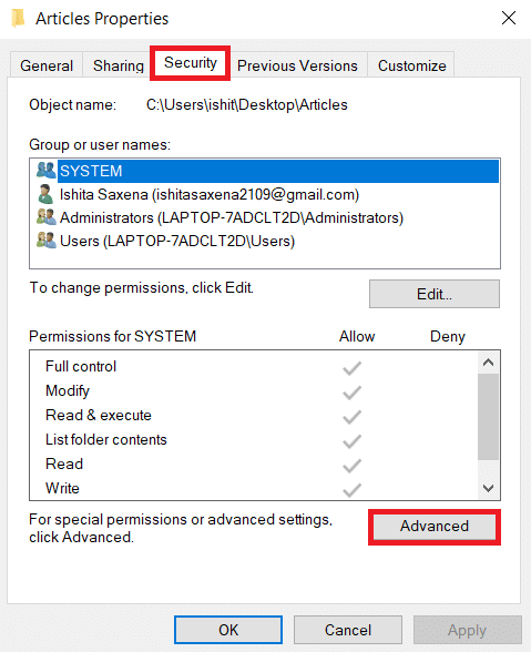 Klicken Sie auf der Registerkarte Sicherheit auf die Option Erweitert