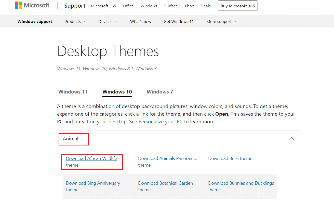 マイクロソフトの公式サイトから動物カテゴリのテーマをダウンロードする
