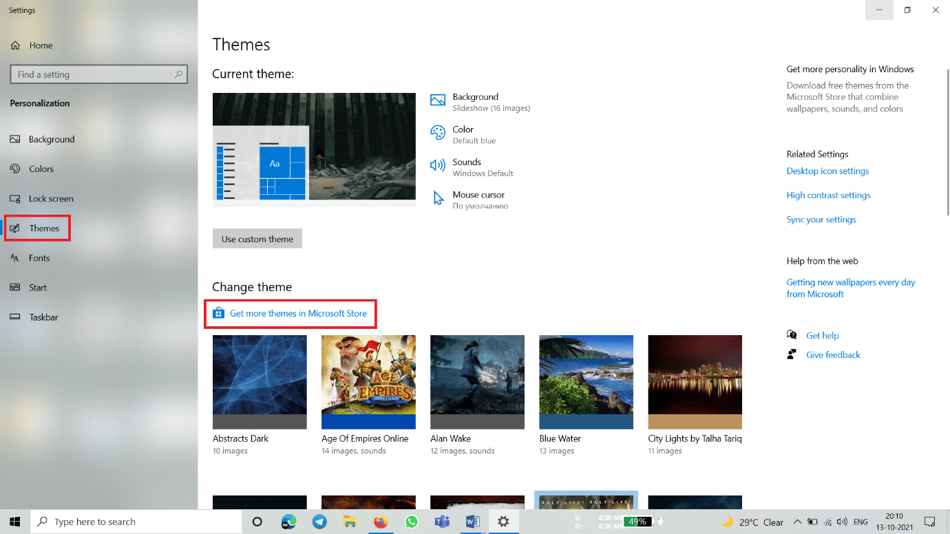 Klicken Sie auf Weitere Designs im Microsoft Store abrufen, um den Microsoft Store zu öffnen. So laden Sie Designs für Windows 10 herunter