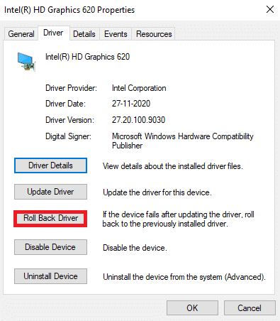 Beralih ke tab Driver dan pilih Roll Back Driver