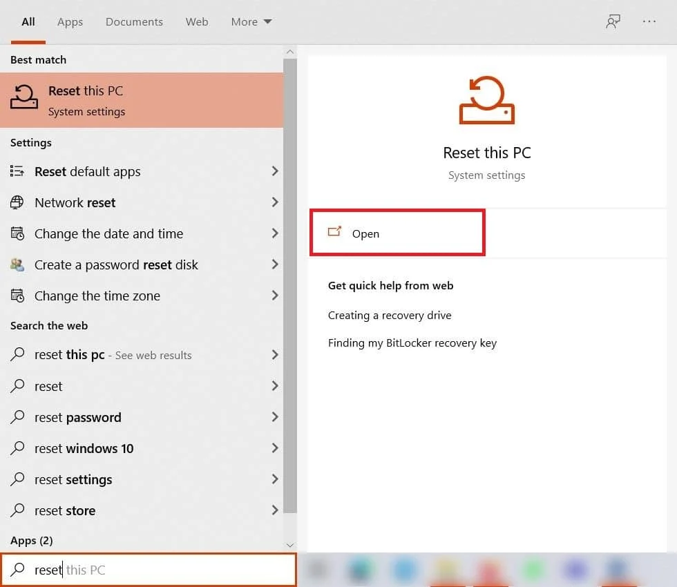 luncurkan reset PC ini dari menu pencarian windows. Cara Memperbaiki Laptop White Screen of Death di Windows
