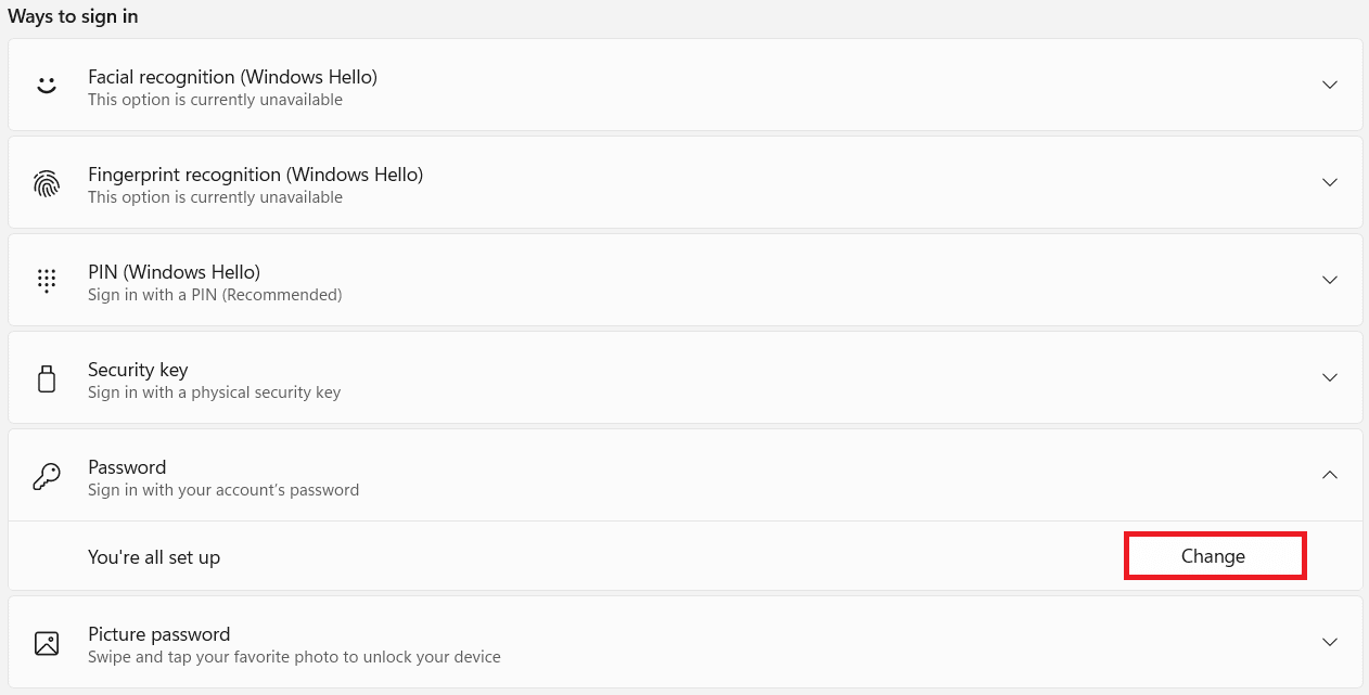 在登錄屏幕的方式中單擊密碼下的更改