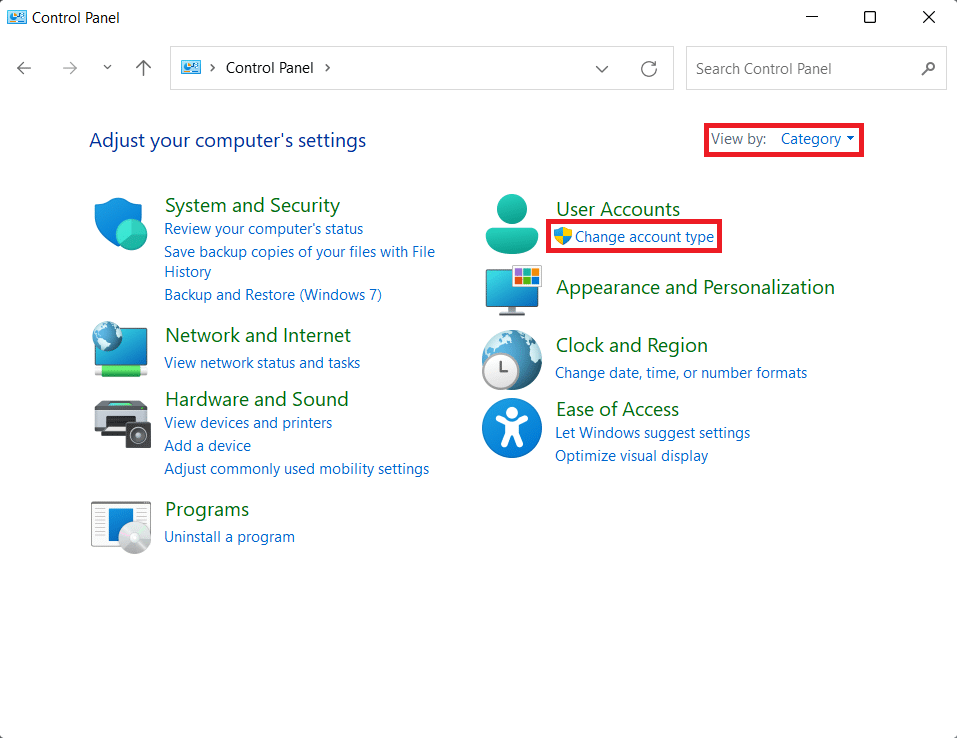 在控制面板窗口中選擇更改帳戶類型