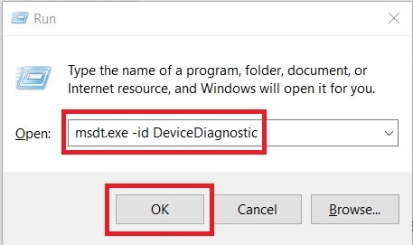 Tekan tombol Windows dan R. Ketik perintah msdt.exe id DeviceDiagnostic untuk membuka pemecah masalah perangkat keras dan perangkat dan tekan tombol enter