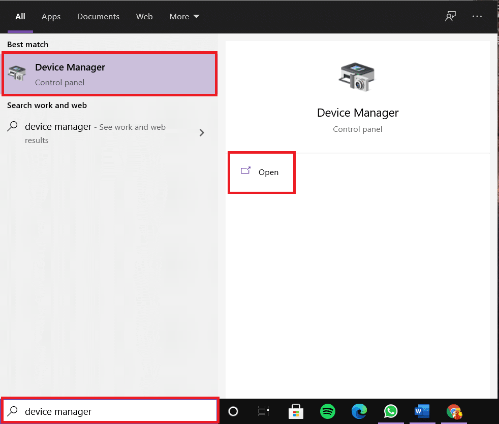 Ketik Device Manager di bilah pencarian dan klik Open.