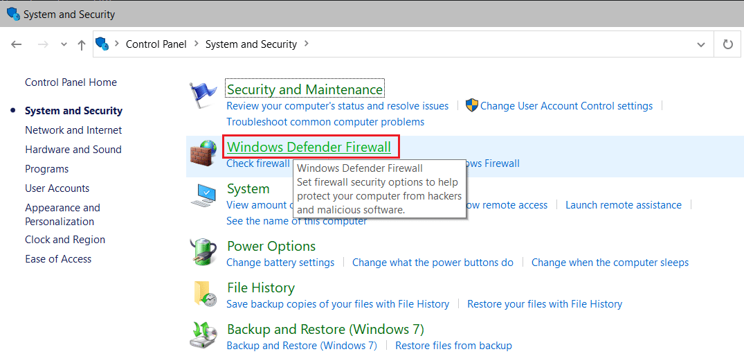 sélectionnez Pare-feu Windows Defender dans le Panneau de configuration du système et de la sécurité.