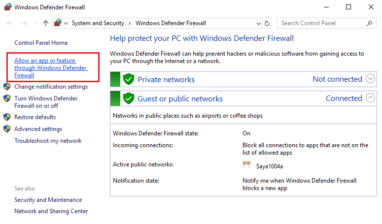 cliquez sur Autoriser une application ou une fonctionnalité via le pare-feu Windows Defender dans le pare-feu Windows Defender