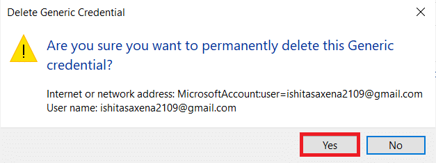 Microsoftアカウントのクレデンシャルを削除することを確認します。 Outlookのパスワードプロンプトの再表示を修正