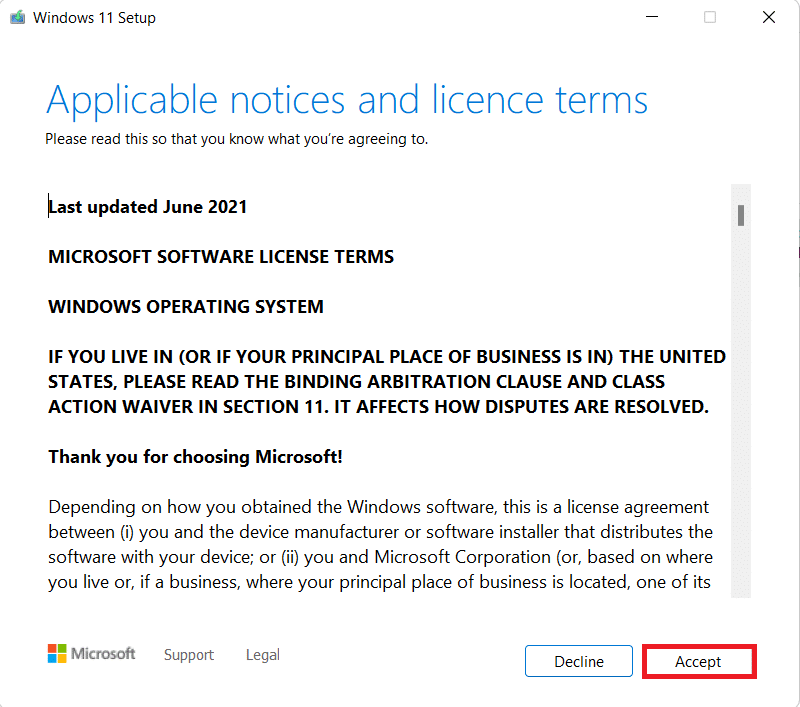 Windows 11 설정 창에서 수락을 클릭합니다. Windows 11에서 업데이트 오류 0x800f0988을 수정하는 방법