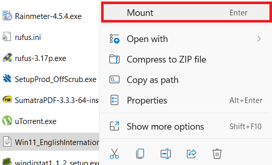 Windows 11 ISO 파일의 상황에 맞는 메뉴
