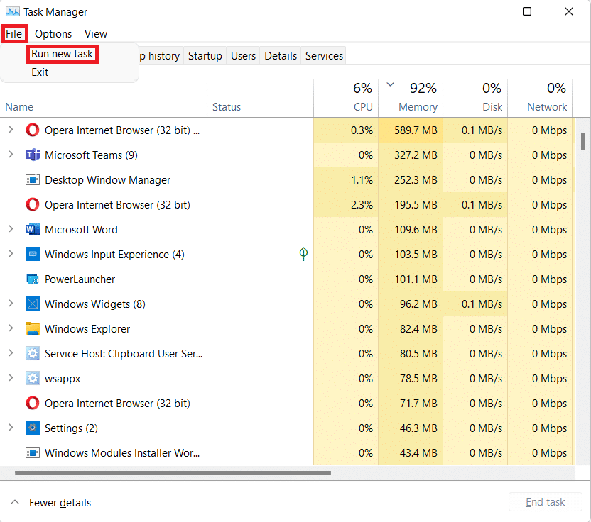 작업 관리자 창에서 새 작업을 실행합니다. Windows 11에서 업데이트 오류 0x800f0988을 수정하는 방법