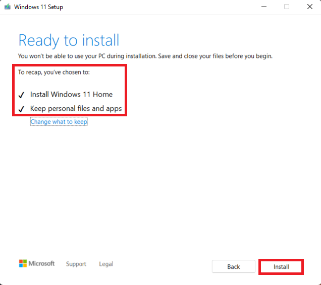 Windows 11 설치 창에서 설치를 클릭합니다. Windows 11에서 업데이트 오류 0x800f0988을 수정하는 방법