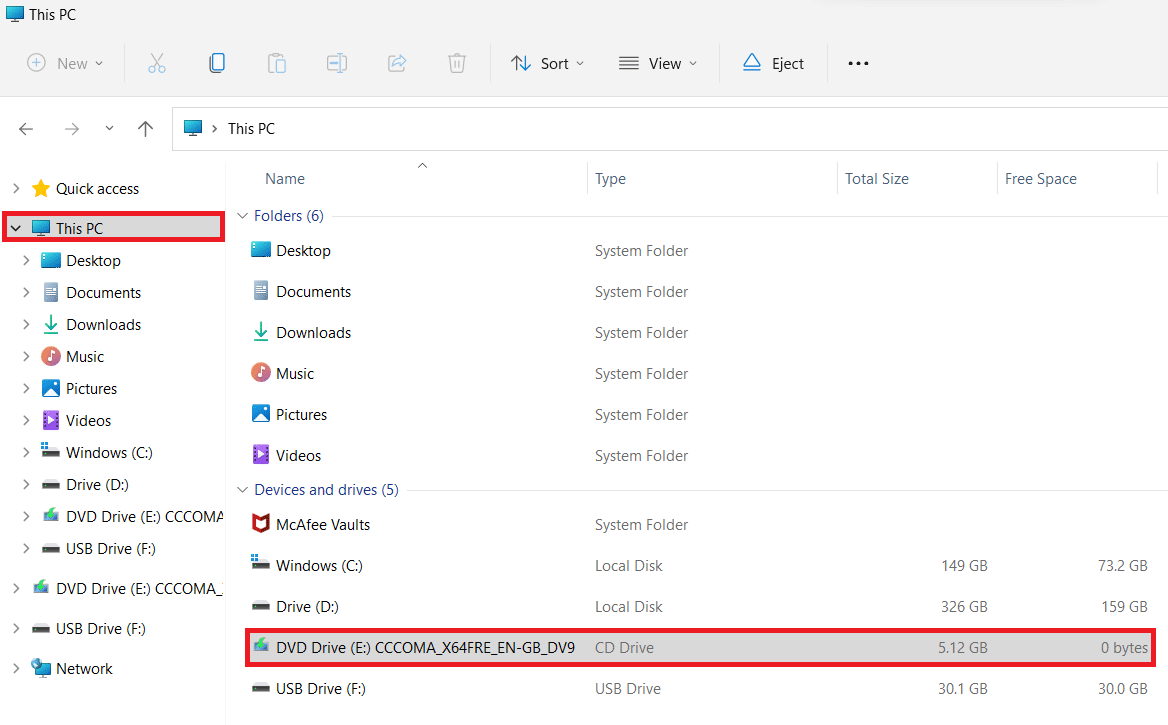 ISO 파일이 탑재된 이 PC 창입니다. Windows 11에서 업데이트 실패 설치 오류 0x800f0988을 수정하는 방법