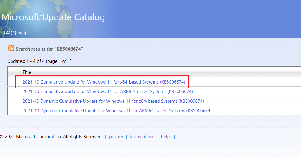 Microsoft 카탈로그 웹 사이트의 검색 결과에서 업데이트 제목을 클릭합니다.