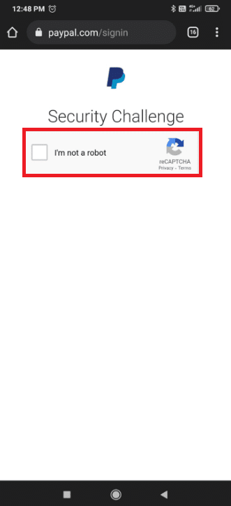 Ukończ wyzwanie bezpieczeństwa, zaznaczając pole obok Nie jestem robotem. Jak usunąć PayPal?