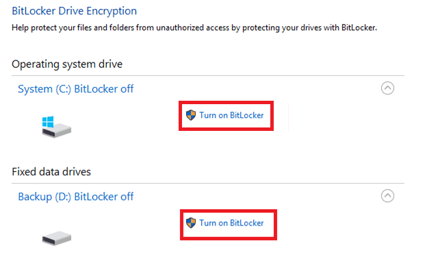 Choisissez de suspendre ou de désactiver BitLocker.