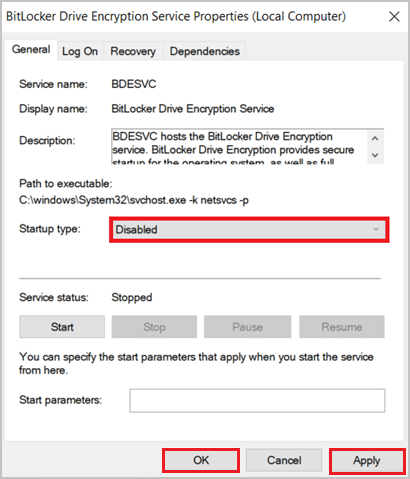 Définissez le type de démarrage sur Désactivé dans le menu déroulant. Comment désactiver BitLocker dans Windows 10