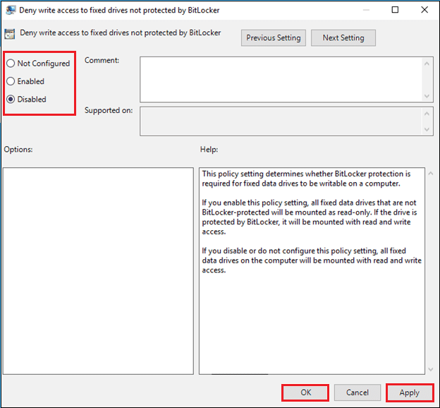 Dans la nouvelle fenêtre, cliquez sur Non configuré ou Désactivé. Comment désactiver BitLocker dans Windows 10