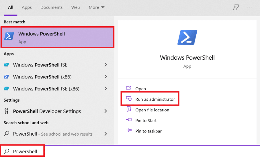 Recherchez PowerShell dans la zone de recherche de Windows. Maintenant, cliquez sur Exécuter en tant qu'administrateur.