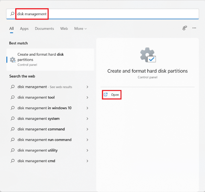 디스크 관리에 대한 시작 메뉴 검색 결과입니다. Windows 11에서 하드 디스크를 파티션하는 방법