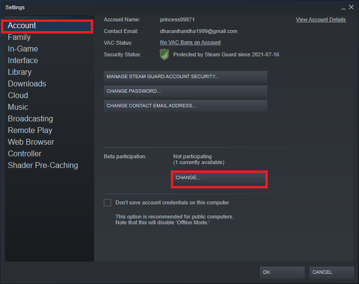이제 계정 탭으로 전환하고 변경... 옵션을 선택합니다. Steam 이미지를 업로드하지 못한 문제를 해결하는 방법