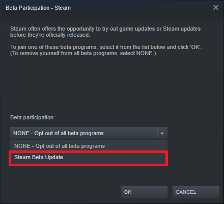 이제 드롭다운 메뉴를 클릭하고 Steam 베타 업데이트 옵션을 선택하세요.