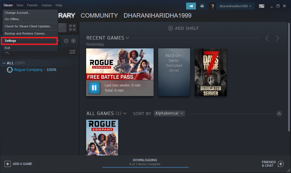 드롭다운 옵션에서 설정을 클릭하여 계속 진행합니다. Steam 이미지를 업로드하지 못한 문제를 해결하는 방법