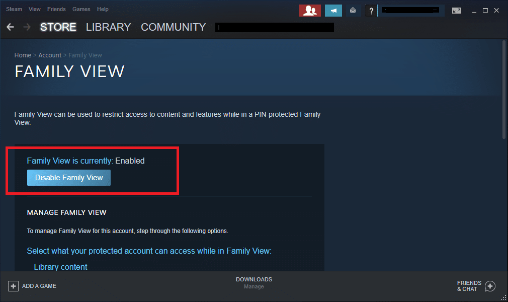 여기에서 가족 보기 비활성화 옵션을 클릭합니다. Steam 이미지를 업로드하지 못한 문제를 해결하는 방법