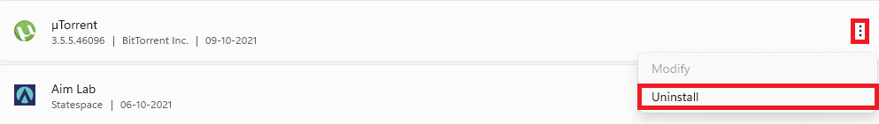 앱 및 기능의 추가 옵션 메뉴