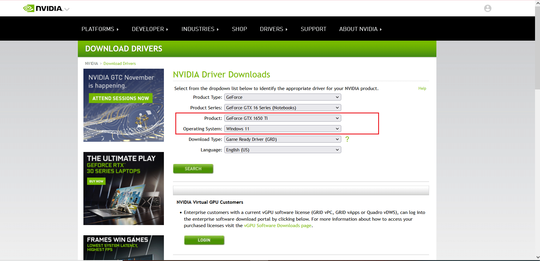 NVIDIA GeForce GTX 1650 Ti Windows 11 다운로드 페이지
