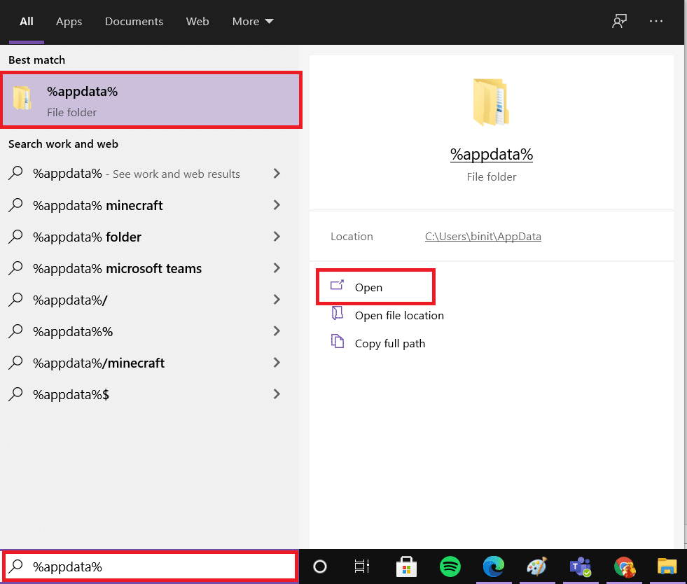 Windows 검색 상자를 클릭하고 appdata를 입력하고 열기를 클릭합니다. 연결할 수 없는 Apex 레전드를 수정하는 방법