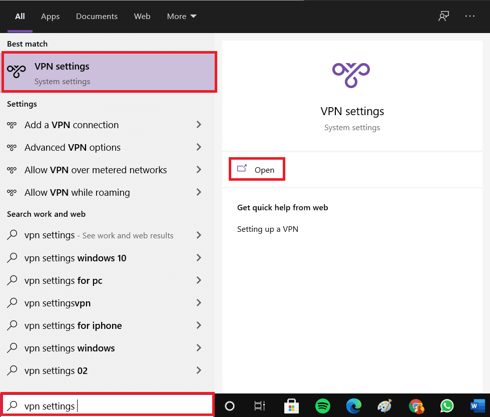 검색 표시줄에 VPN 설정을 입력하고 열기를 클릭합니다. 연결할 수 없는 Apex 레전드를 수정하는 방법