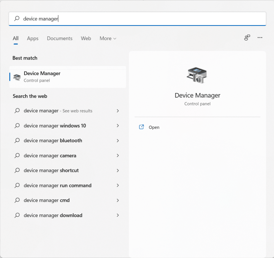 Resultados da pesquisa do menu Iniciar para o Gerenciador de dispositivos. Como corrigir a webcam que não funciona no Windows 11