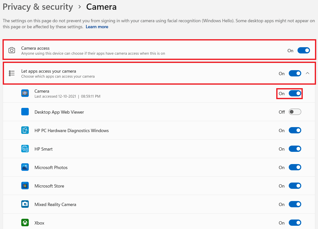Configurações de privacidade. Como corrigir a webcam que não funciona no Windows 11