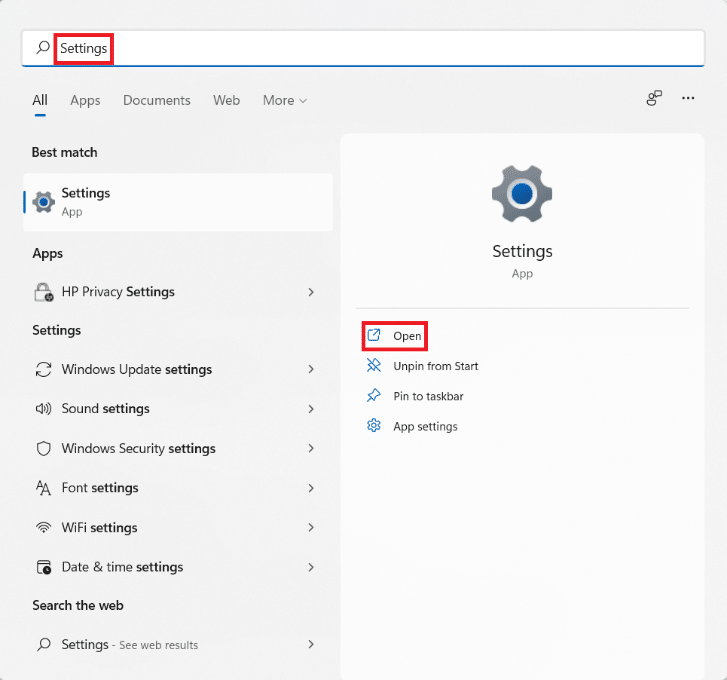 Resultados da pesquisa do menu Iniciar para Configurações