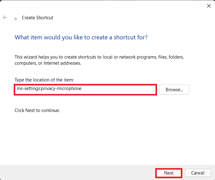 Caixa de diálogo Criar Atalho | Como desativar a câmera e o microfone usando o atalho de teclado no Windows 11