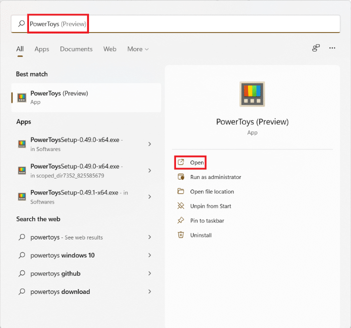 Resultados da pesquisa do menu Iniciar para PowerToys | Como desligar a câmera e o microfone usando o atalho de teclado no Windows 11