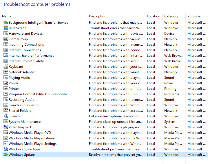 sélectionner la mise à jour de Windows à partir de résoudre les problèmes informatiques